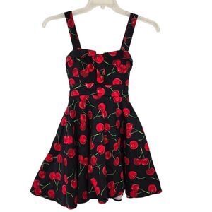 Ixia Pinup Strap Dress Sz S Black Red Cherry Print Retro Rockabilly Swing